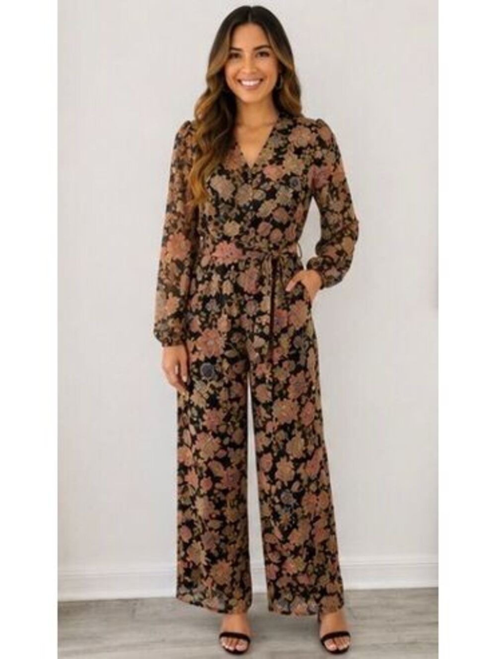 Vince Camuto Long-Sleeve Multicolor Floral Self-Tie Jumpsuit